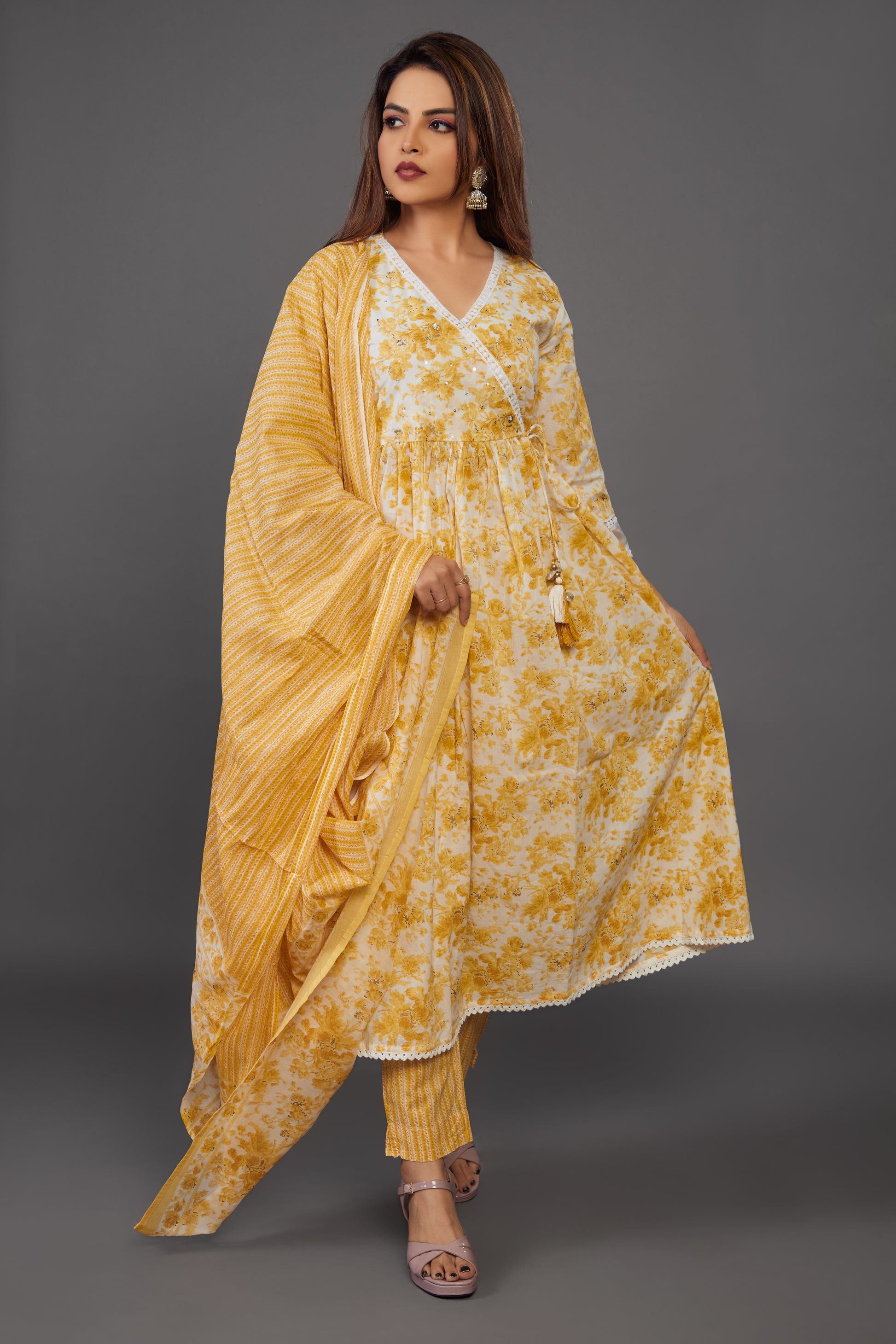 Yellow Floral Print Anarkali Dress - prisachiofficial