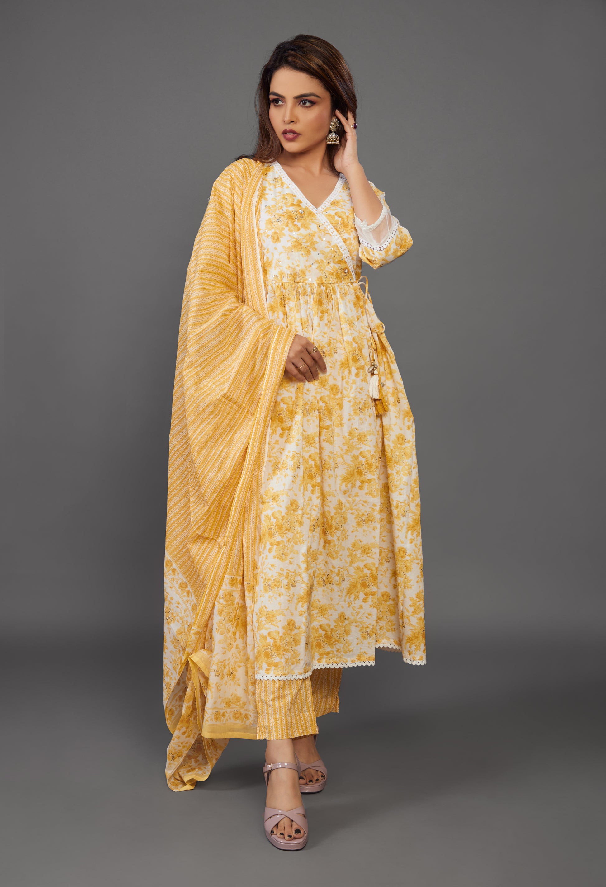 Yellow Floral Print Anarkali Dress - prisachiofficial