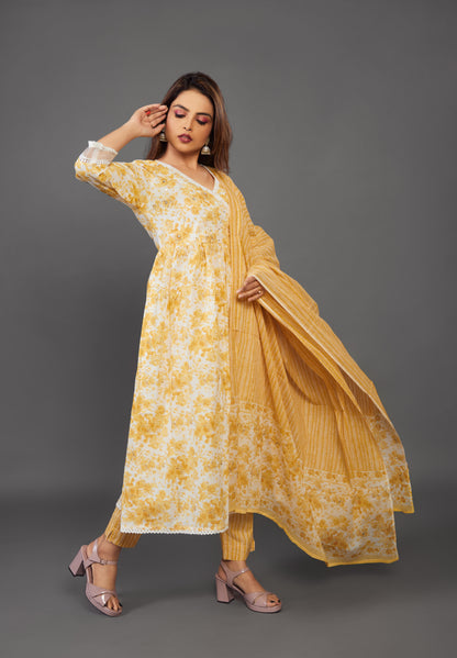 Yellow Floral Print Anarkali Dress - prisachiofficial