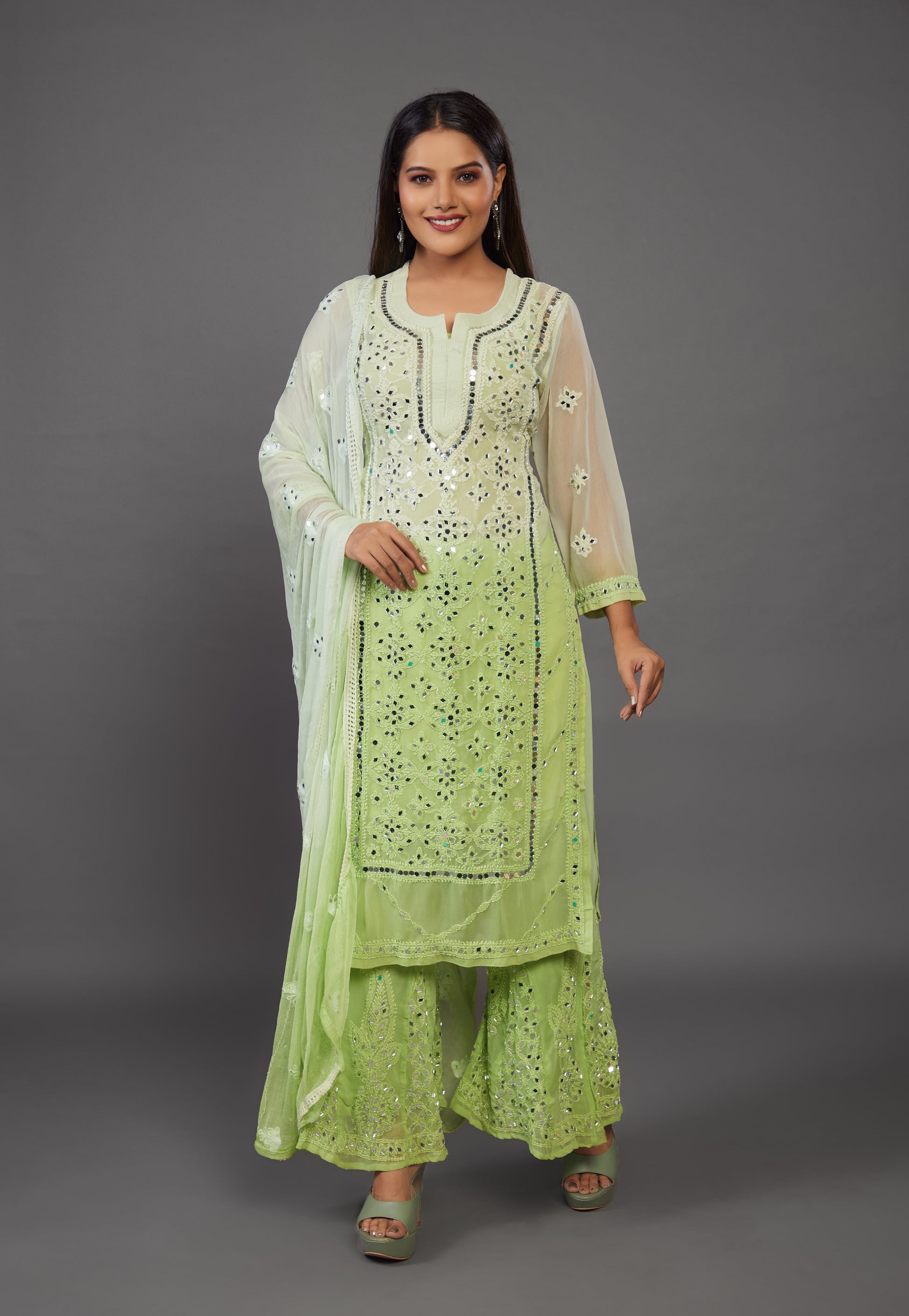 Green and white handmade chikankari sharara set with mirror work - prisachiofficial