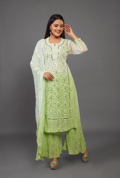 Green and white handmade chikankari sharara set with mirror work - prisachiofficial