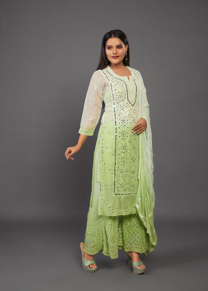 Green and white handmade chikankari sharara set with mirror work - prisachiofficial