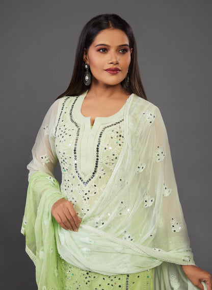 Green and white handmade chikankari sharara set with mirror work - prisachiofficial