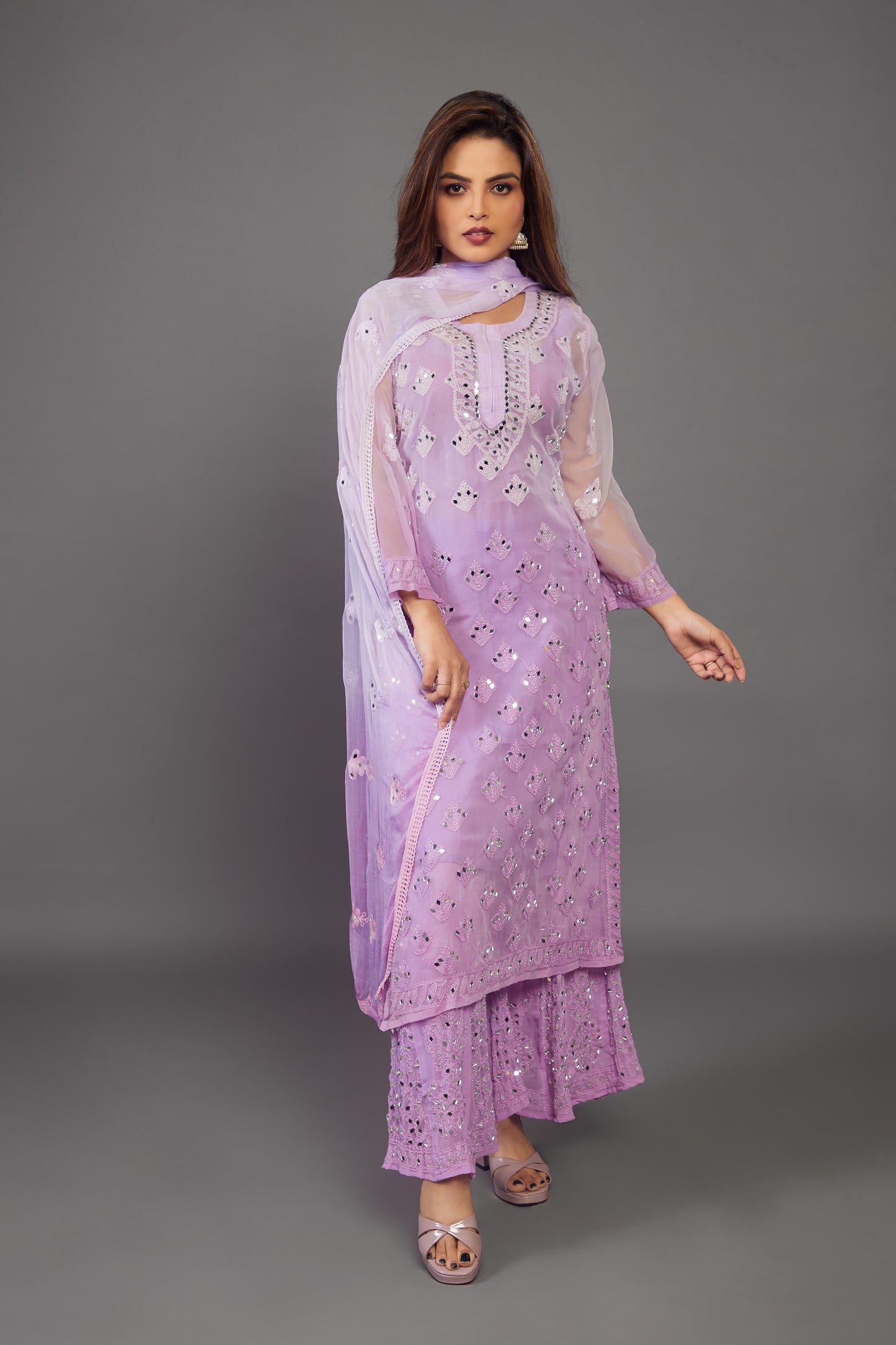 Purple handmade Achikankari sharara set with mirror work - prisachiofficial