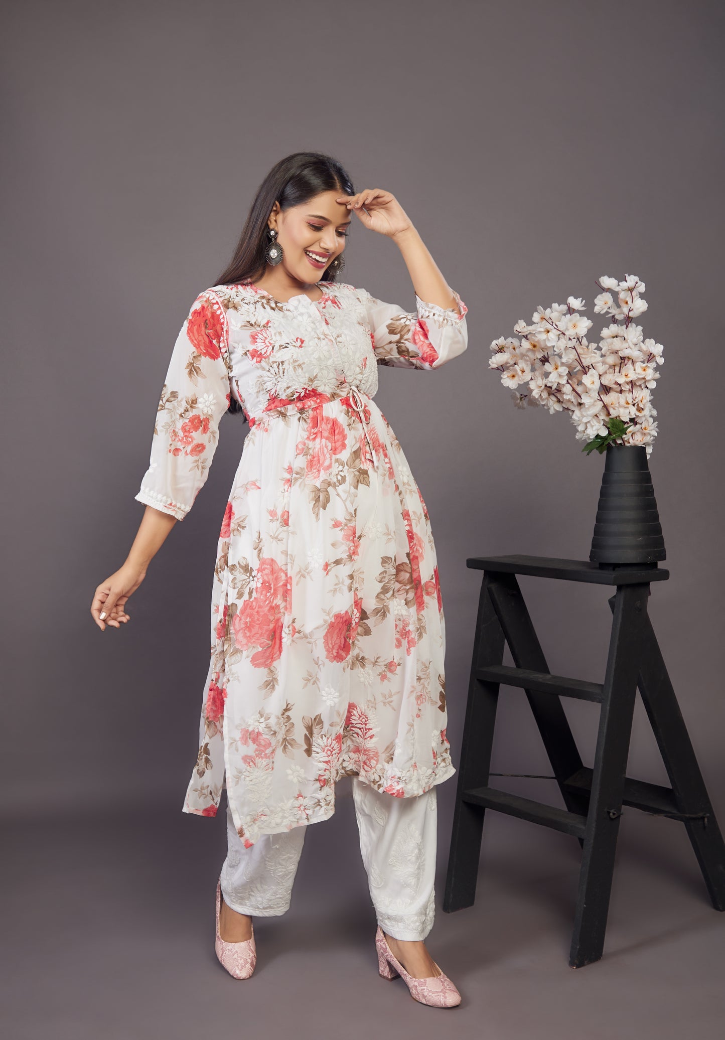 Floral handwork chikankari nayra cut Kurti - Prisachi Official