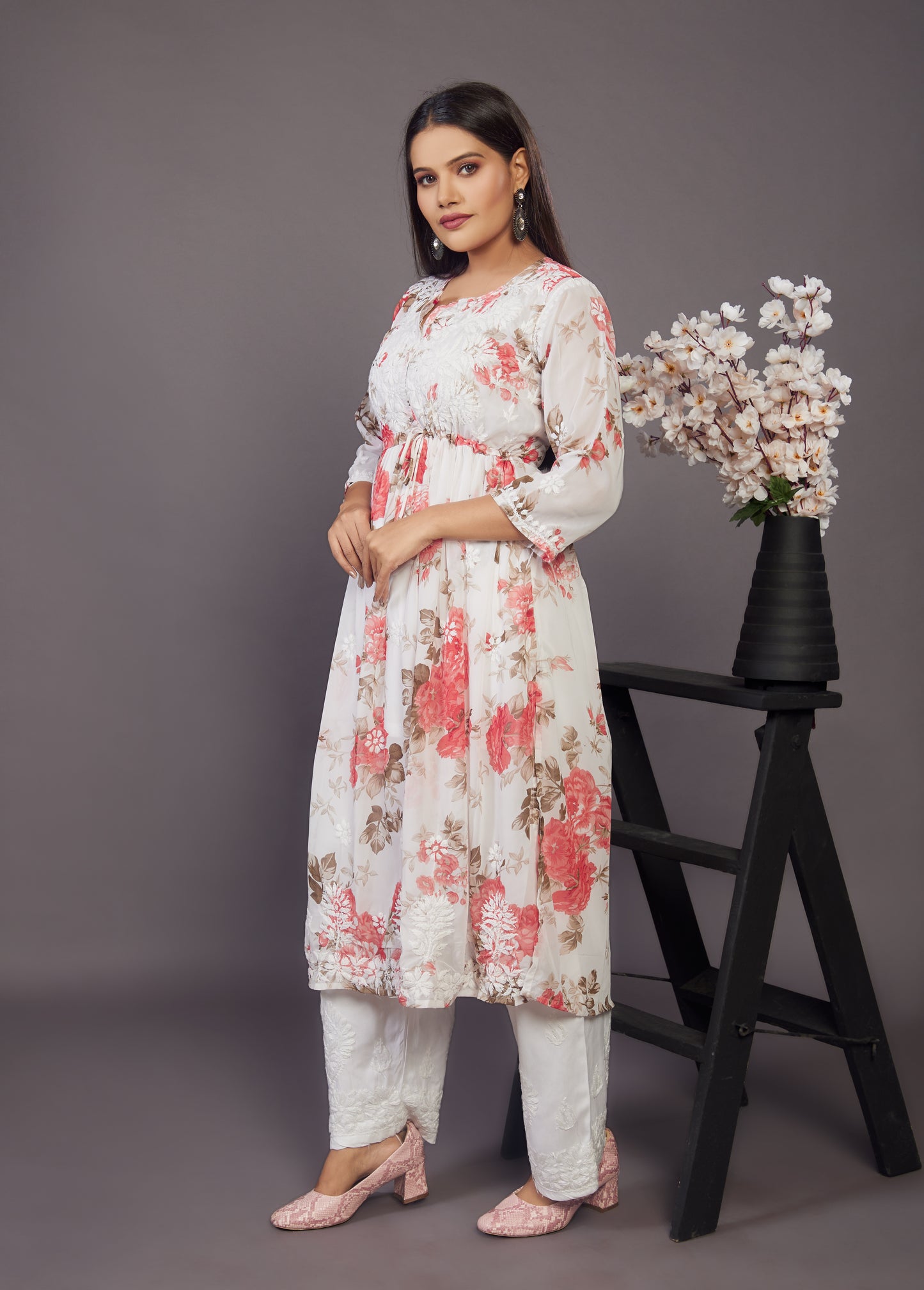 Floral handwork chikankari nayra cut Kurti - Prisachi Official