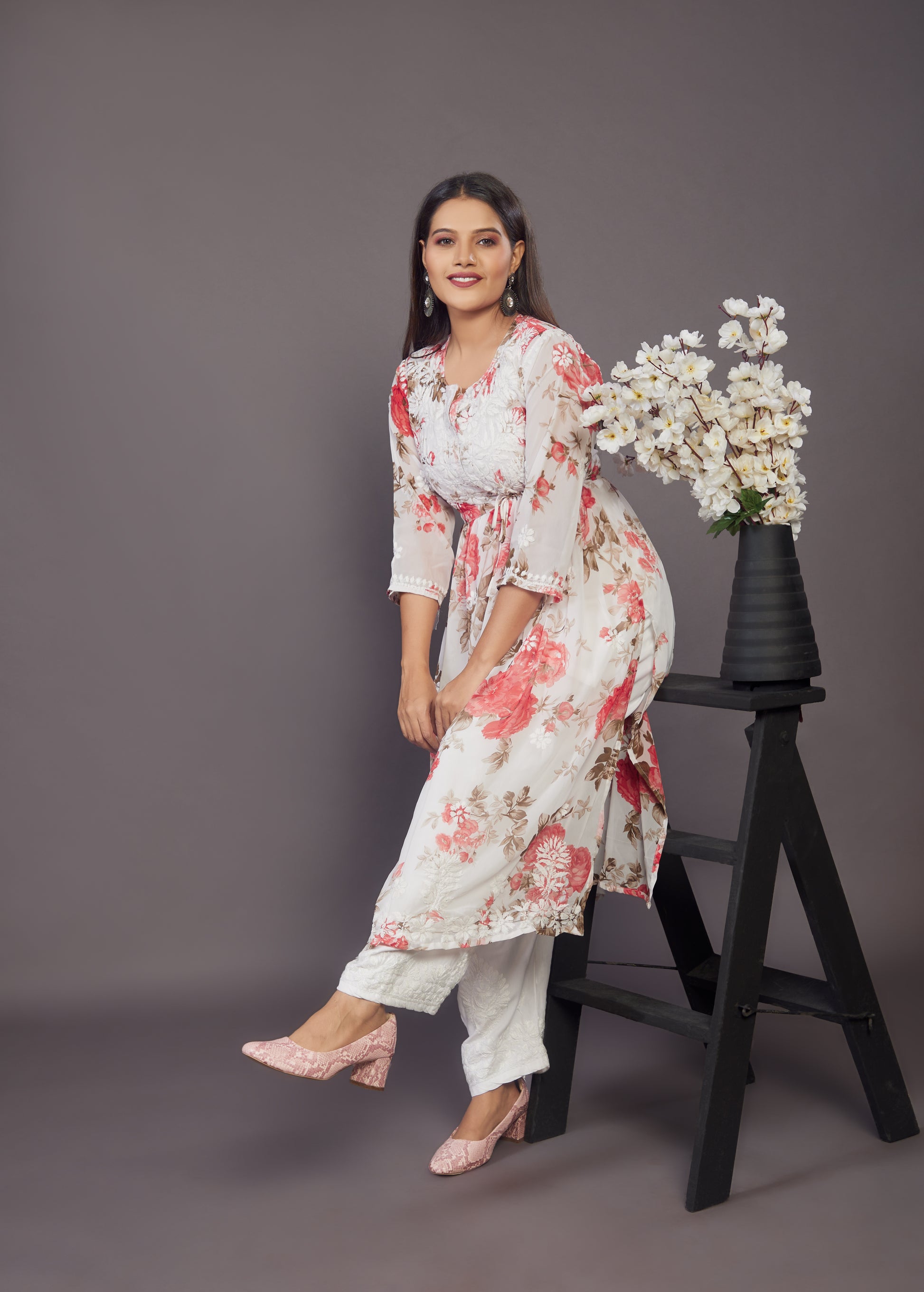 Floral handwork chikankari nayra cut Kurti - Prisachi Official