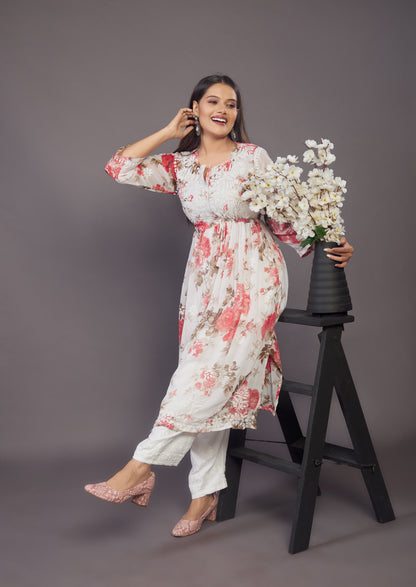 Floral handwork chikankari nayra cut Kurti - Prisachi Official