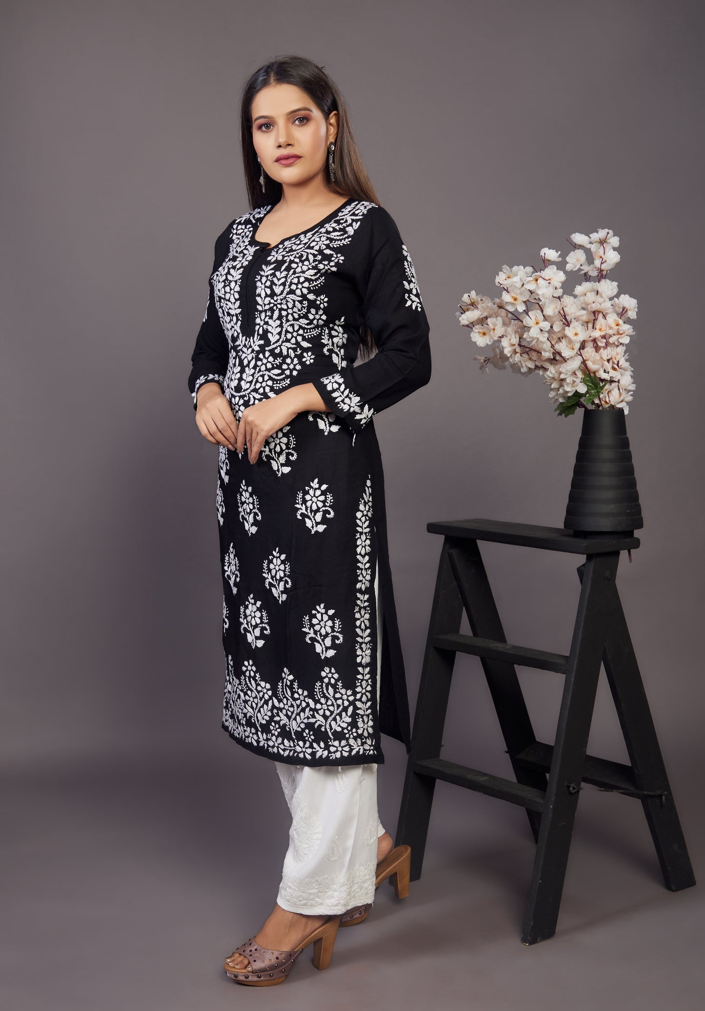 Black Cotton handwork Chikankari kurta - Prisachi Official