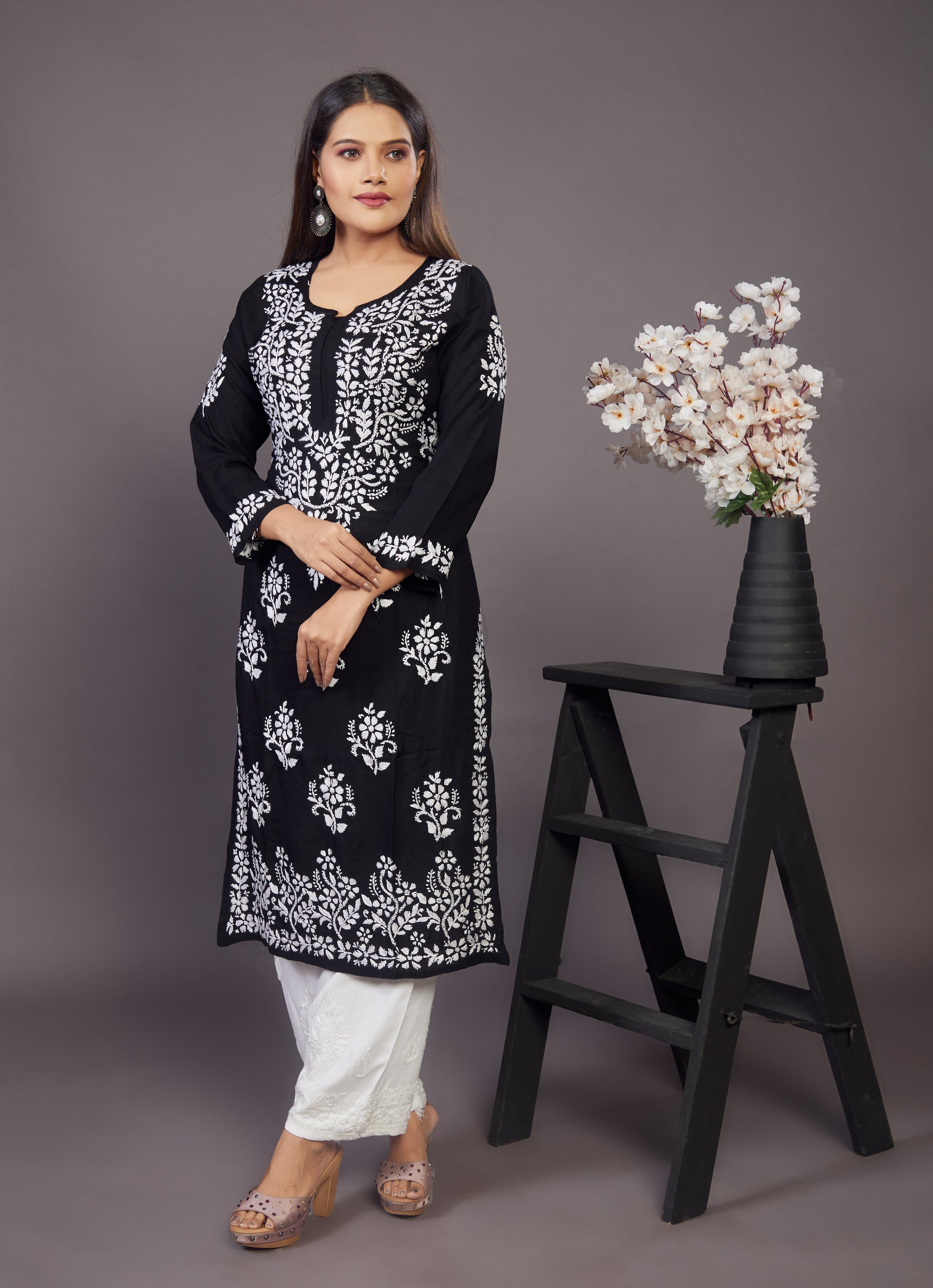 Black Cotton handwork Chikankari kurta - Prisachi Official