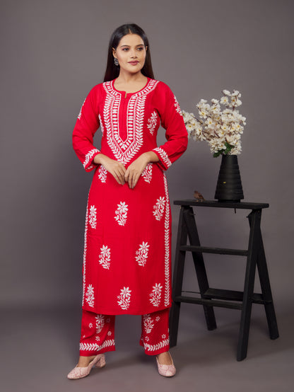 Red hand embroidery chikankari palazzo set - Prisachi Official