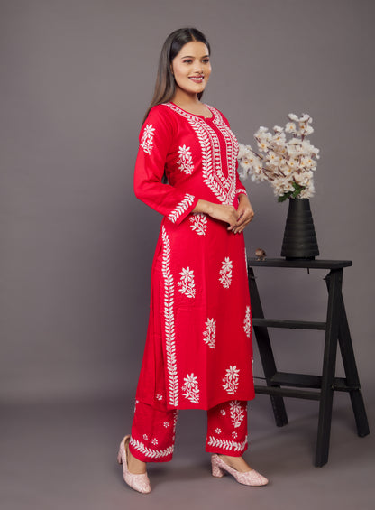 Red hand embroidery chikankari palazzo set - Prisachi Official