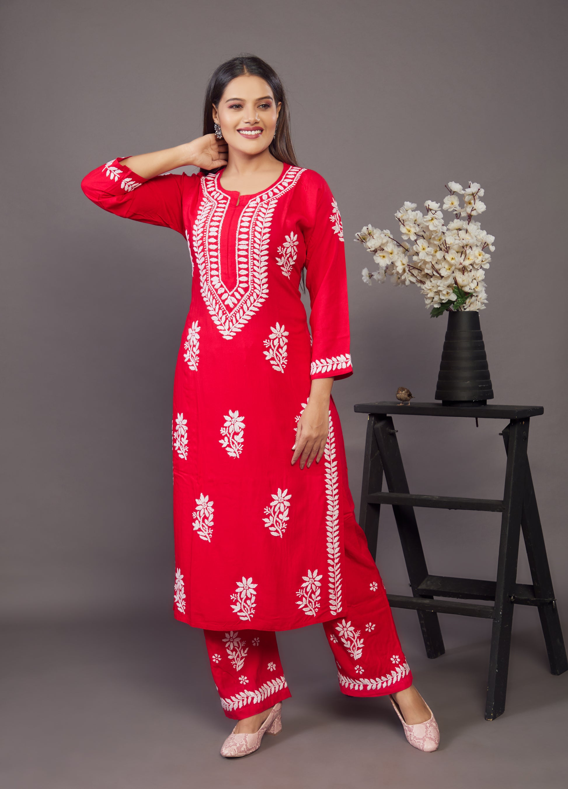 Red hand embroidery chikankari palazzo set - Prisachi Official