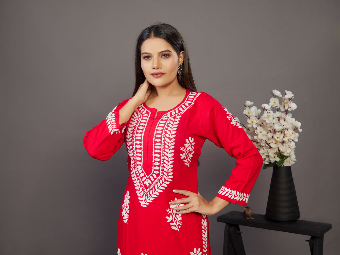 Red hand embroidery chikankari palazzo set - Prisachi Official