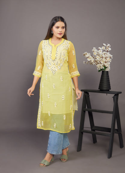 Yellow georgette mirrorwork chikankari kurta - Prisachi Official