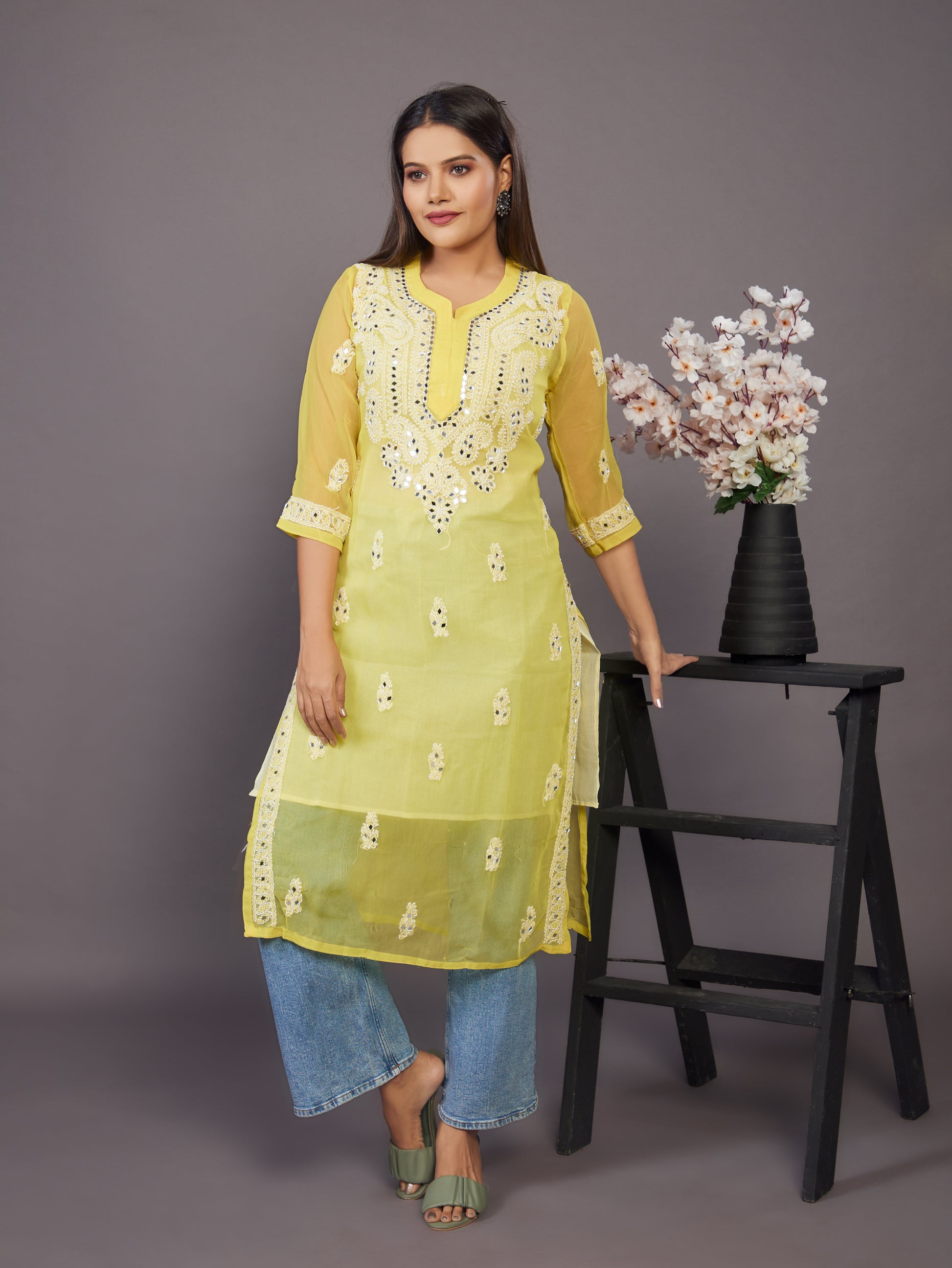 Yellow georgette mirrorwork chikankari kurta - Prisachi Official