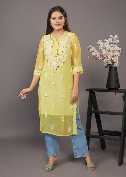 Yellow georgette mirrorwork chikankari kurta - Prisachi Official