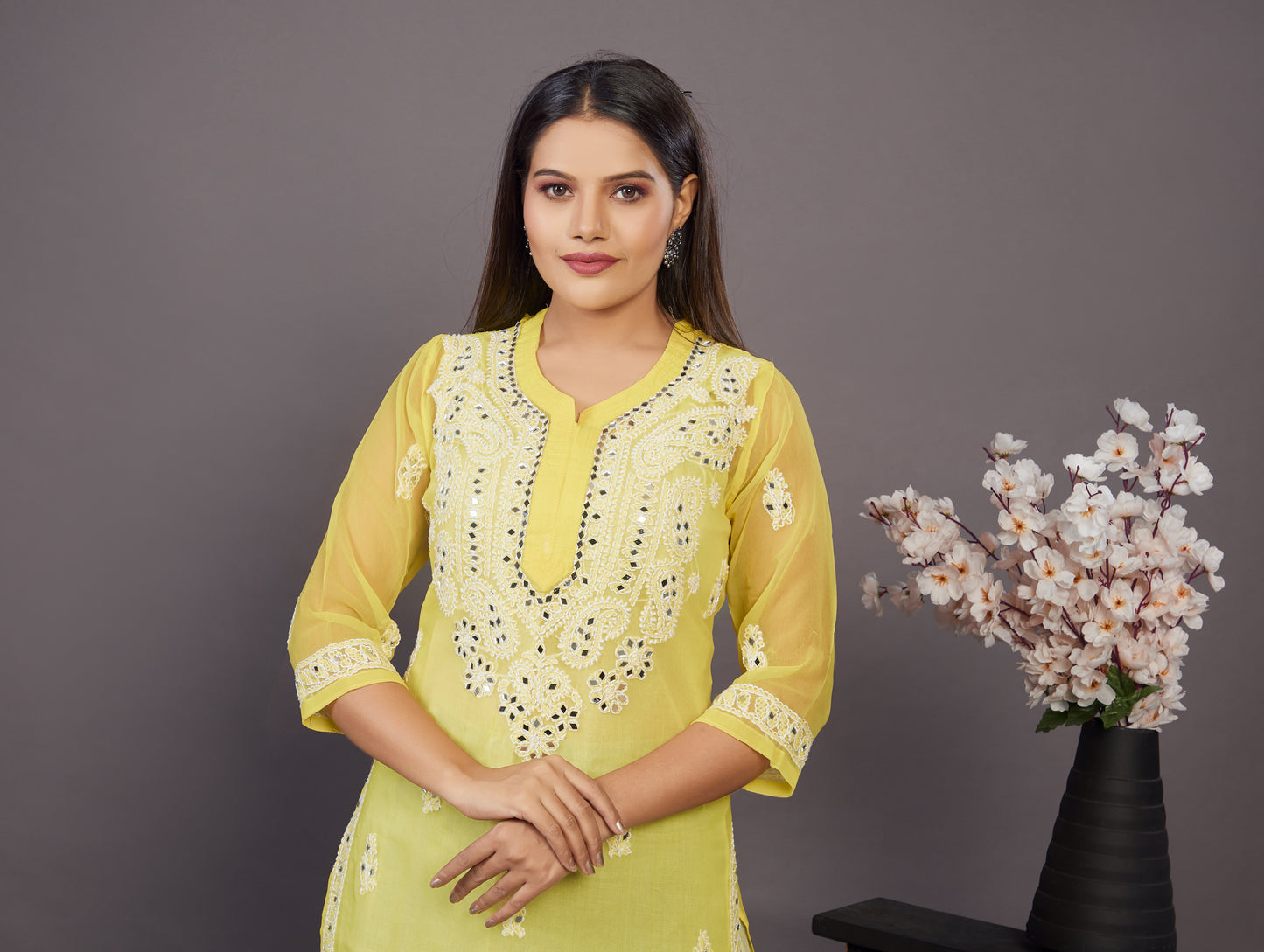 Yellow georgette mirrorwork chikankari kurta - Prisachi Official