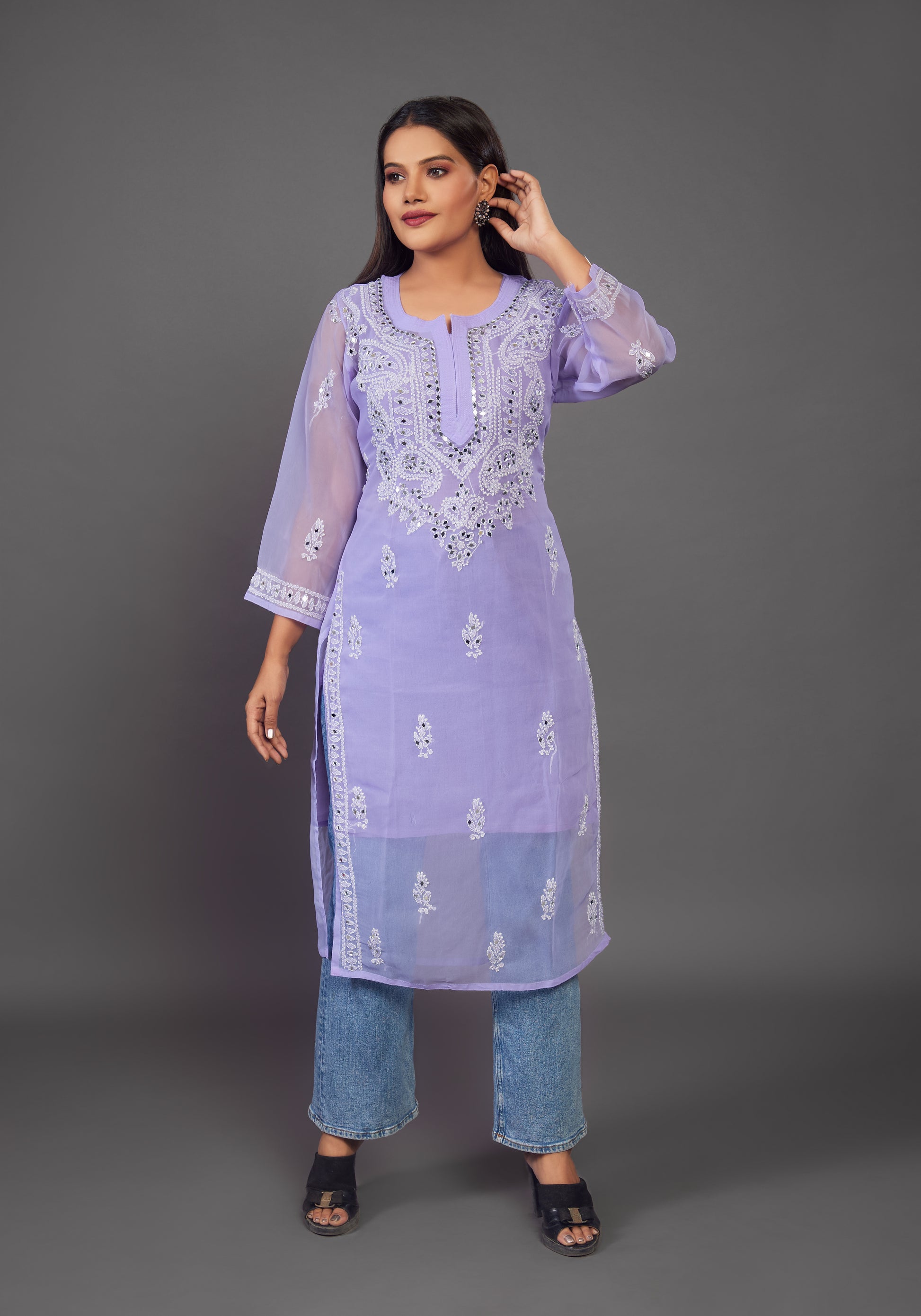 Ethnic Hand Embroidered Georgette Chikankari Kurti Kurta for Women - prisachiofficial