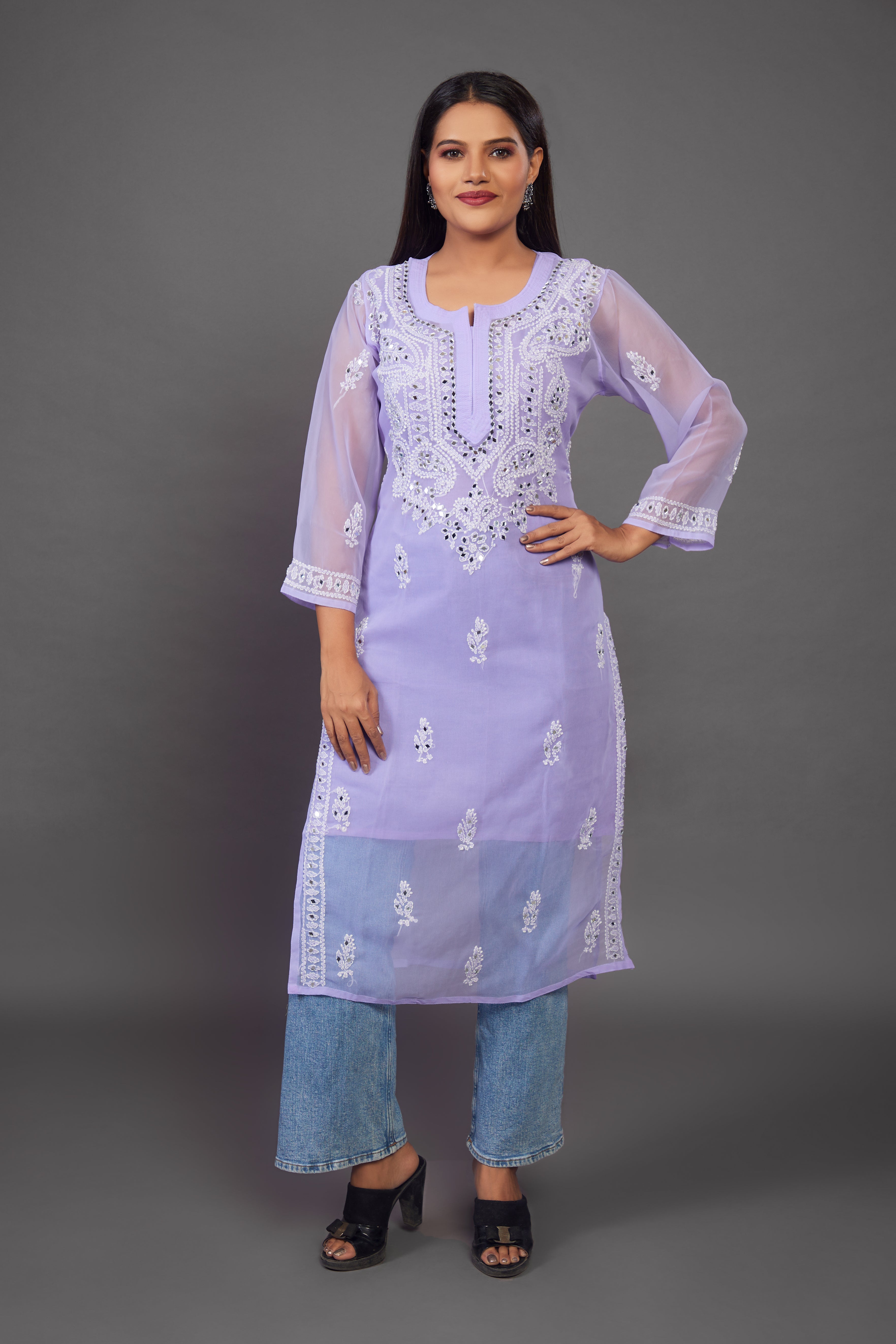 Indian Traditional Ethnic Party Daily Wear Lucknowi chikankari kurti with  Slip | eBay