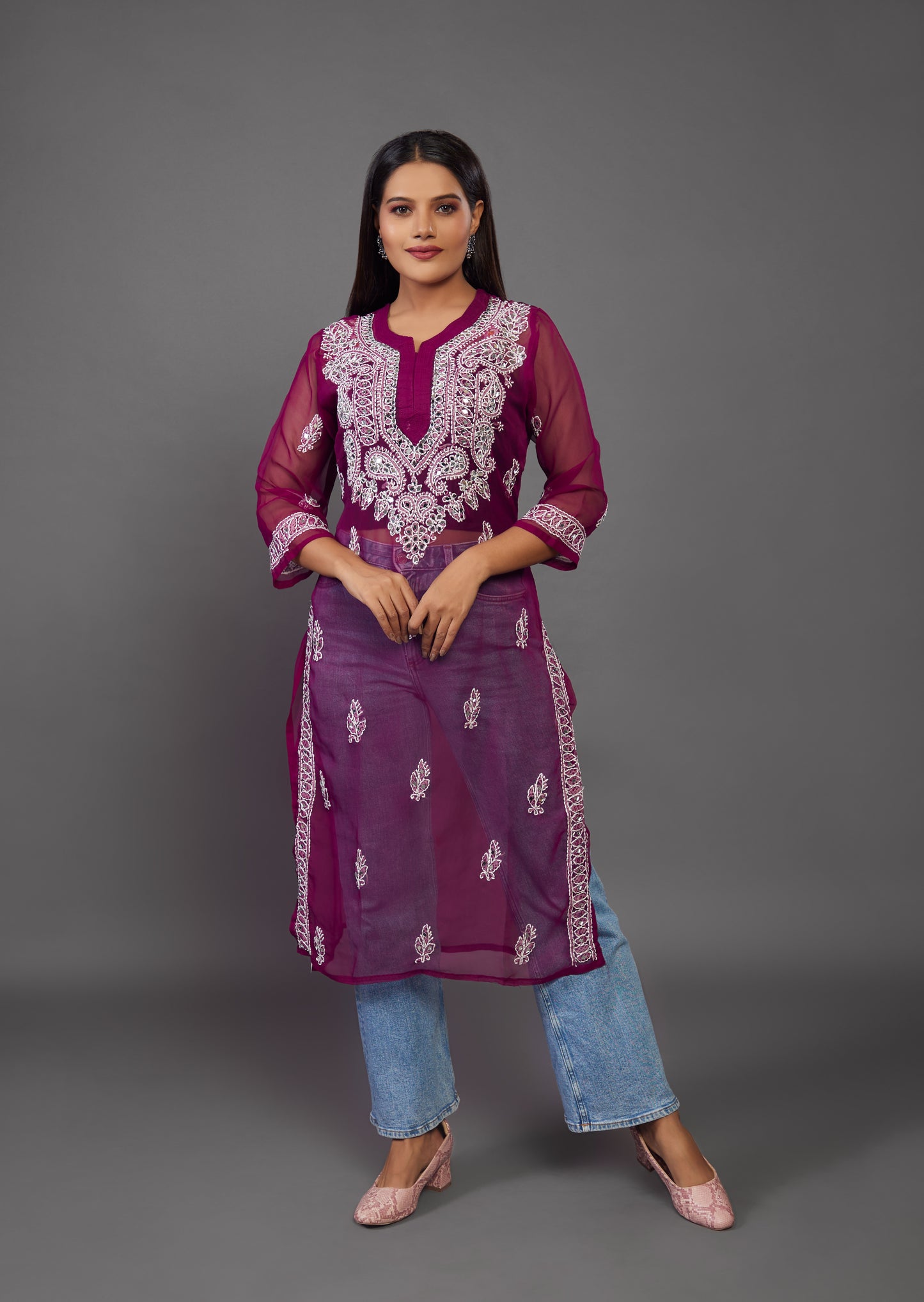 Maroon Chikankari Kurta, Georgette Fabric - prisachiofficial