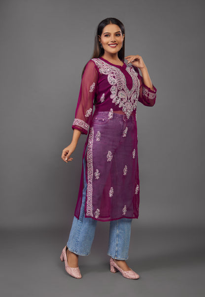 Maroon Chikankari Kurta, Georgette Fabric - prisachiofficial