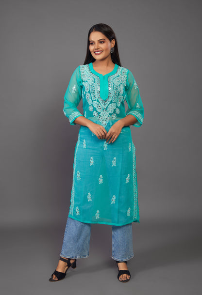 Green Chikankari Kurta, Georgette Fabric - prisachiofficial