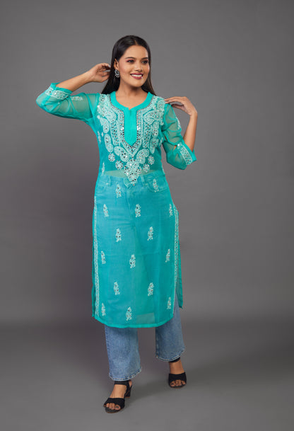 Green Chikankari Kurta, Georgette Fabric - prisachiofficial