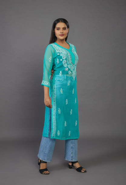 Green Chikankari Kurta, Georgette Fabric - prisachiofficial