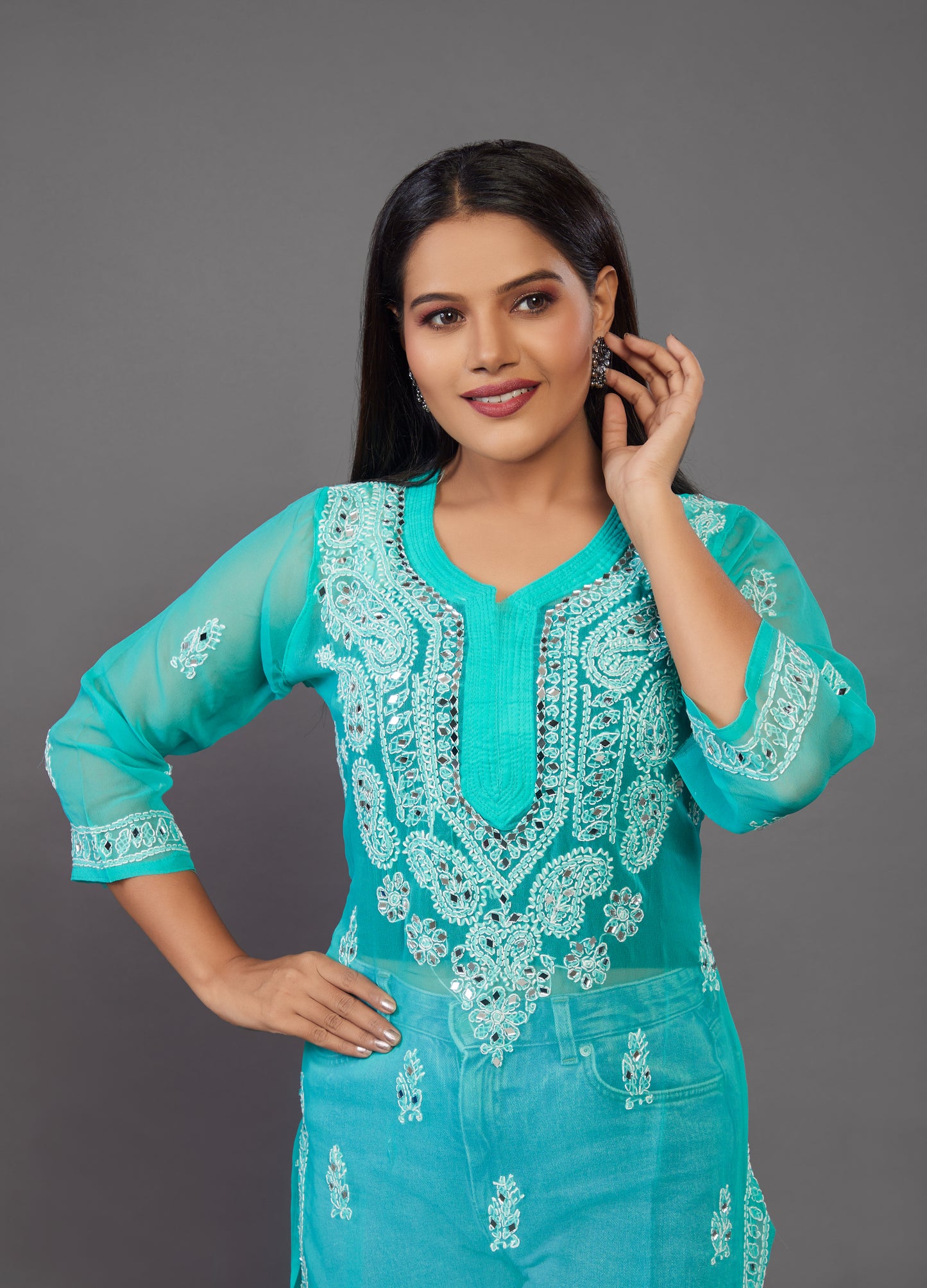 Green Chikankari Kurta, Georgette Fabric - prisachiofficial